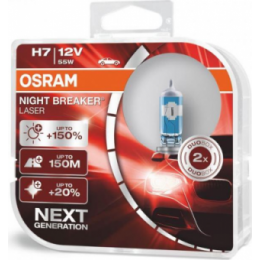 H7 OSRAM NIGHT BREAKER LASER +150% BOX/2gab 64210NBL auto spuldze 12V H7 55W 12V halogēna lampa
