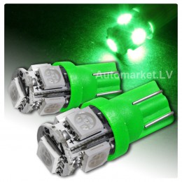 W5W zaļa - T10 LED 5 diožu auto spuldze. Lampa gabarita lukturiem un salonam