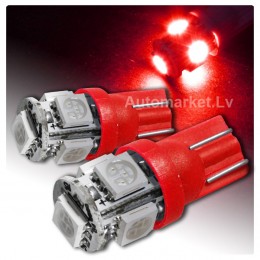 W5W красная WR5W - T10 LED 5 диодная авто лампочка. Для габаритных огней и салона