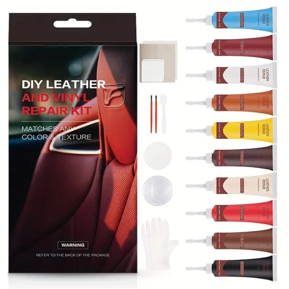 LEATHER REPAIR KIT 10x20ml - Leather, Vinyl, and Faux Leather Repair and Restoration Kit