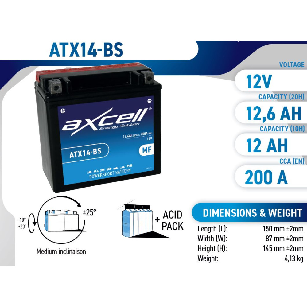 12Ah AXCELL GEL mootorratta aku ATX14-BS 12V 200AH 12V (+ -) 150x87x145mm