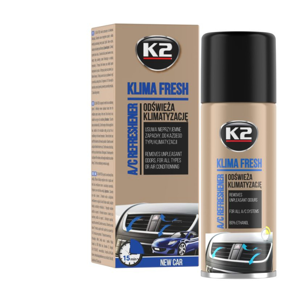 Kondicionēšanas - ventilācijas sistēmas tīrīšānas līdzeklis Atsvaidzinātajs - tīrītājs K2 Klima Fresh NEW CAR  150ml