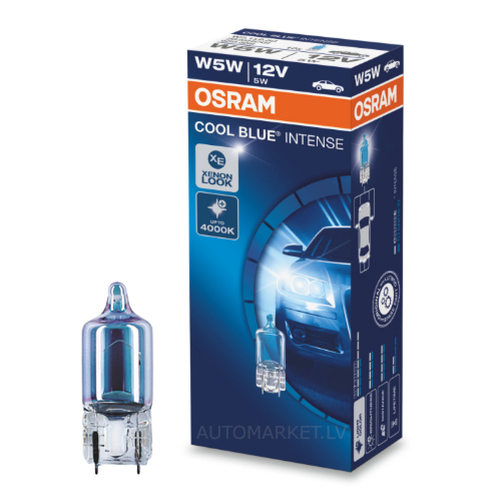 W5W OSRAM COOL BLUE INTENSE - ORIGINAL Germany auto spuldze, zila - 1gab. 12V 5W T10 halogēna lampa W5W OSRAM COOL BLUE INTENSE - ORIGINAL Germany auto spuldze, zila - 1gab. 12V 5W T10 halogēna lampa