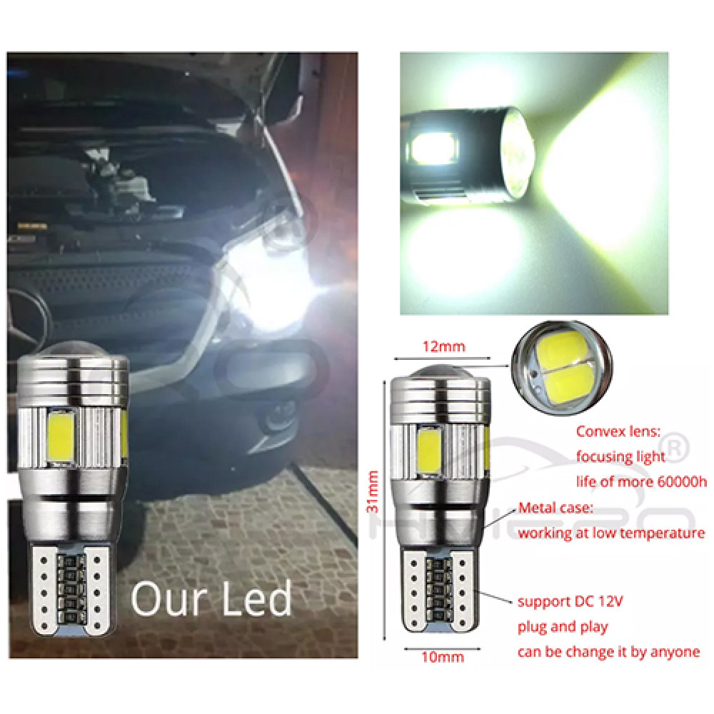 W5W balta - T10 LED 6 diodinė CANBUS auto lemputė. Aliuminis korpusas. Skirta gabaritinėms ir saloninėms šviesoms.