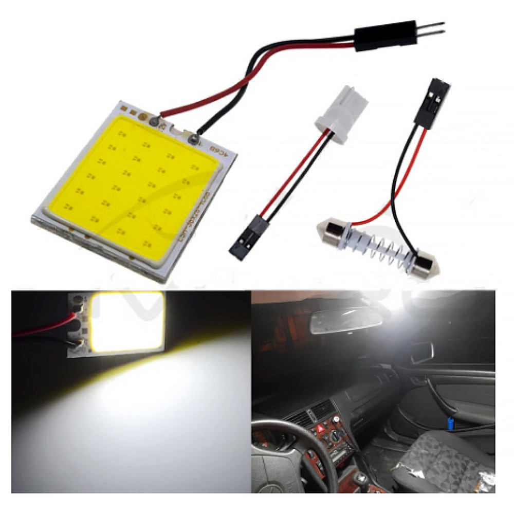 LED COB Panel 48SMD 35mm x 40mm White LED Car Bulb with C5 or T10 Adapter for Interior and Cabin Lighting. LED COB Panel 48SMD 35mm x 40mm White LED Car Bulb with C5 or T10 Adapter for Interior and Cabin Lighting.