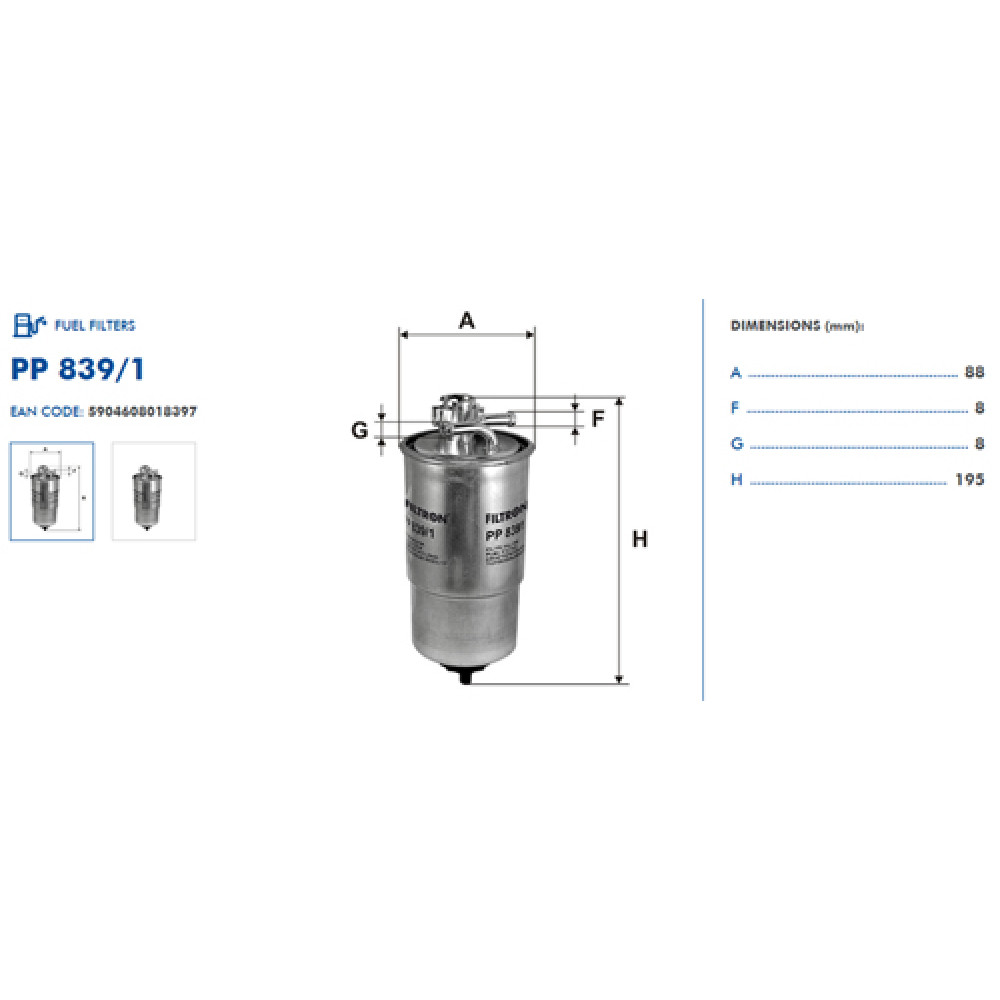 PP839/1 Kütusefilter FILTRON (analoogid WF8046, KL147, WK853/3x)